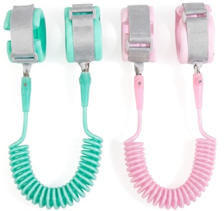 2-pack anti-förlorat barnarmband, 1,5 m säkerhetsarmband för barn med 360° rotation, justerbar babysele för promenader och utomhus (grågrön och grå-rosa)