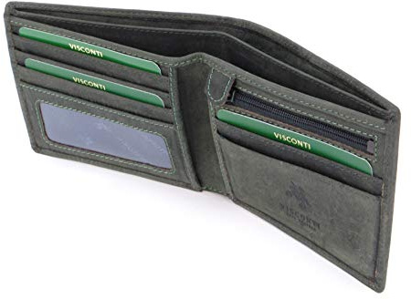 VISCONTI - Small Genuine Leather Bifold RFID Wallet - Shield 707 Green | Men's RFID Protected Slim Wallet, 6 Credit-Card Slots, Notes Section, Coin Pocket, Gift Boxed, Leather Anniversary Present