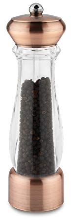 Grunwerg Gmill Molino de sal o pimienta de bronce y acrílico, mecanismo de molienda de cerámica duradera, 6 cm x 6 cm x 21 cm