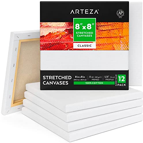 Arteza Leinwand Keilrahmen, 20.3 x 20.3cm Großpack mit 12 bespannten Keilrahmen, weiße grundierte 100% Baumwolle, für Malerei, Acrylgießen, Ölfarben & nasse Kunstmedien, Leinwände für Profis & Hobby