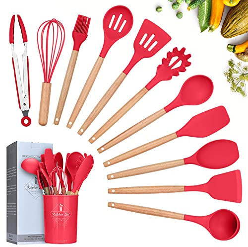 Lychee Utensili Cucina Set,12 Pezzi Set di Utensili da Cucina in Silicone,Resistente al Calore con Manico Legno Antiaderenti da Cucina Strumento di Cottura Termoresistenti (Rosso)