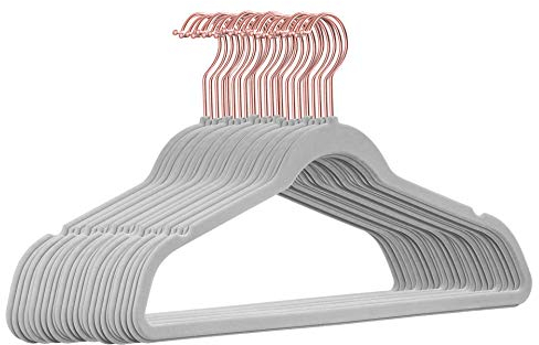 25 Stück hochwertige Samt Kleiderbügel in der Farbe Hellgrau mit Rosegold Look Haken/Anti-Rutsch/von StickandShine