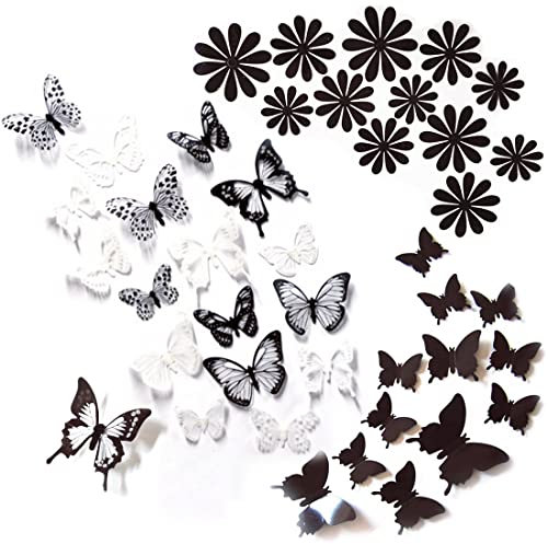 SamHeng 42 Pcs Butterfly Flower Wall Stickers, Removable 3D Butterflies Wall Decor Art Mural Adhesive Sunflower Wall Decals with Sticky Dots for Home Party Wedding Decoration (Black&White)