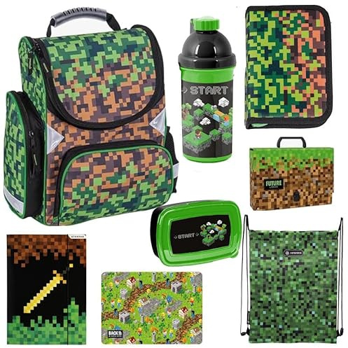 Goldkids Game Pixel Schulranzen ergonomischer Ranzen Federmappe Turnbeutel Malunterlage Aktentasche Gummizugmappe Trinkflasche Brotdose 8er-Set. Geeignet ab der ersten Klasse der Grundschule.