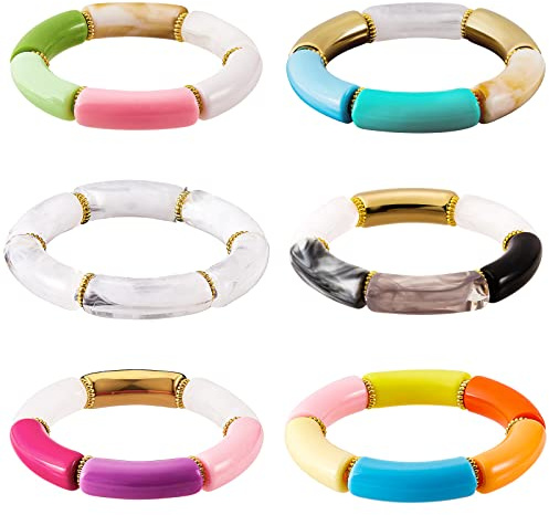 Ornaland 6 Pcs Bamboo Tube Bangles Bracelets Chunky Curved Stacking Acrylic CCB Plastic Beads Stretch Bracelets Set Color Friendship Couple Bracelets Gift for Women Men,2 inch(5.2cm)
