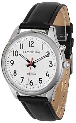 QIATKWH Deutsch sprechende Uhr,Große Silberne Schale, schwarzes Lederarmband, Herrenstil