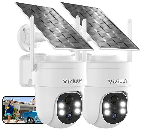 VIZIUUY Solar Security Cameras Wireless Outdoor, 2 Pack 3MP Security Cameras Wireless Outdoor, Pan Tilt 360°WiFi Camera with Color Night Vision/PIR Sensor/2-Way Audio/Alexa/Google Assistant