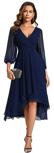 Ever-Pretty Robe de Soirée Femme A Line High Low Col V 3/4 Manches pour Mariage Chic Bleu Marine 46