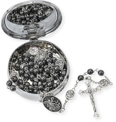 Nazareth Store St. Michael Rosenkranz Halskette mit Hämatit-Steinperlen, Metallperlen, Glory Beads, Erzengel-Medaille und Kreuz, mit Metall-Geschenkbox (Silber | Jesus-Kreuz)