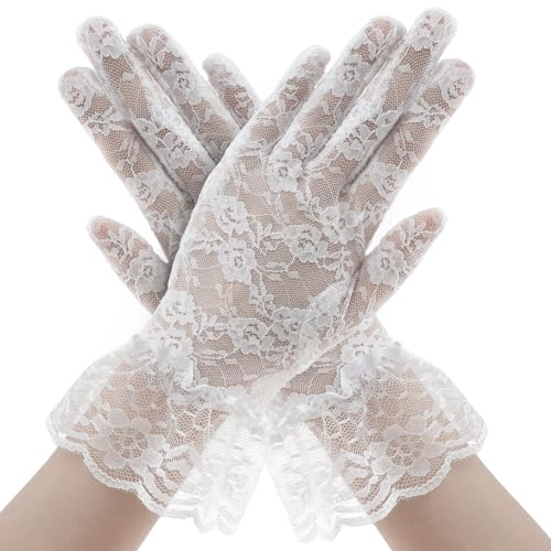 Weiße Spitzenhandschuhe Damen Elegante Braut- & Prinzessinnenhandschuhe für Hochzeiten/Kostümpartys - Netz-Lace Halloween Accessoires, Kurze Weißhandschuhe Fancy Dress Brauthandschuhe mit Spitze