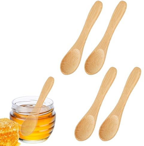 Prasacco Lot de 4 petites cuillères en bois, mini cuillères en bois, petites cuillères pour pots à épices, cuillères à épices rondes, cuillères à miel, petites cuillères à café, cuillères en bois pour
