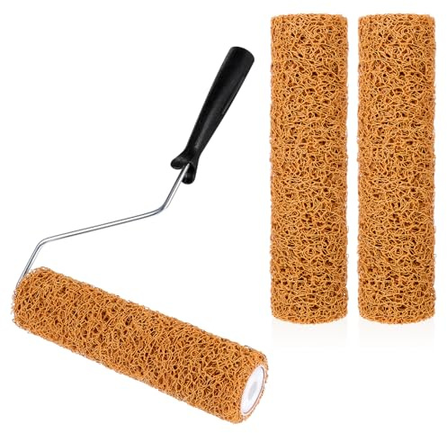 3 Pcs 9 Inch Textured Roller with Frame Kit Paint Roller Covers Mud Rollers for Putty Textured Coatings Painting Walls Ceiling Home Improvement