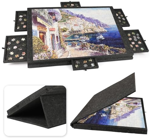 Ruication Tilting Jigsaw Puzzle Board 2-in-1 Designed Stand & Cover Lightweight Felt Jigsaw Board with 6 Drawers Portable 1500 Pieces Jigsaw Puzzle Table for Games Adults Gift