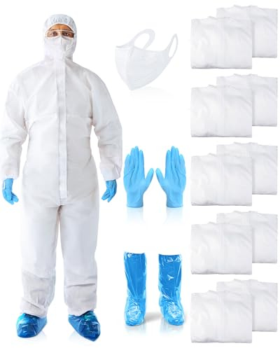 Shyyween 10 Set Hazmat Suits Disposable Protective Paint Coverall Suit with Hood Shoe Covers Nitrile Glove Mask Wrists Ankles (XL)