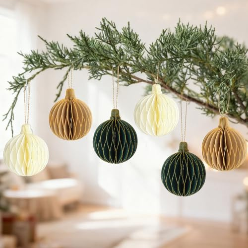 6 pcs Christmas Paper Honeycomb Balls Decorations with Gold Rim Christmas Hanging Paper Pom Poms Honeycomb Decorations for Xmas Party Decors