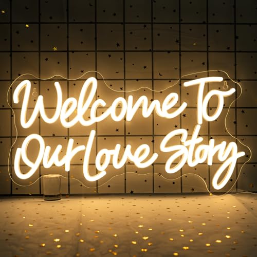 SIGNSHIP Welcome To Our Love Story Neon Led, Lettre Lumineuse Dimmable Pour Déco,Bienvenue Dans Notre Histoire D'Amour Neon Mural, Néon Led Pour Mariage, Demande en Mariage, Anniversaire, Fête, Cadeau