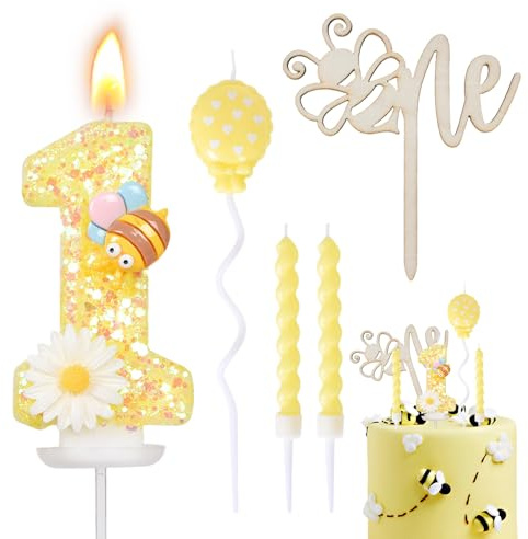 Candeline Compleanno Numeri 1,Candele di Compleanno Glitterate Gialle,Decorazione per Torta a Forma di Ape in Legno,Candela Compleanno Spirale,Adatto a Feste di Compleanno Festa Baby