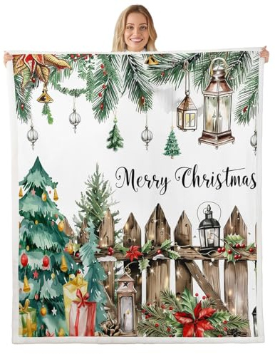 Manfei Christmas Farmhouse Bed Blanket,Rustic Christmas Tree Leaves Blankets for Living Room Decor,Vintage Country Wooden Fence Fuzzy Plush Warm Blanket for Sofa Bed,90x90