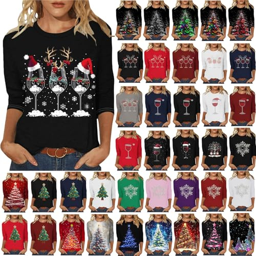 Christmas T Shirts Women Light Up Christmas Tree Printed Tops Glitter Red Wine Glass Xmas Shirts Snowflake Crewneck Blouse Casual Pullover 3/4 Sleeve Tunic Tees for Work Officce Size 8-22