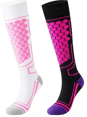 QBEJIME Confezione Da 2, Calze Termiche Da Sci Per Uomo e Donna, Calzini Imbottite Per Sci Calze Da Sci Uomo,Calzettoni Per Neve,Calza Da Montagna (Purple/White 35-41)