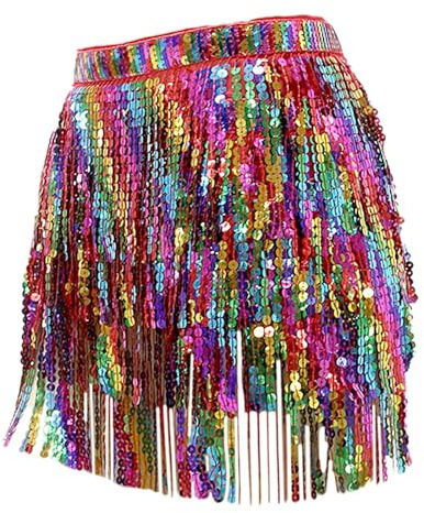 Generisch Damen Pailletten Fransenrock Bauchtanz Hüfttuch Bunt - Glitzer Quasten Wickelrock für Karneval Festival Party Rave - Tanz Kostüm Accessoire