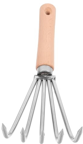 Ipetboom Rastrillo Pequeño de Jardín con Mango Corto de Madera Herramienta Manual de Acero Inoxidable de 5 Dientes para Aflojar Tierra Deshierbar y Cultivo en Jardinería y Playa