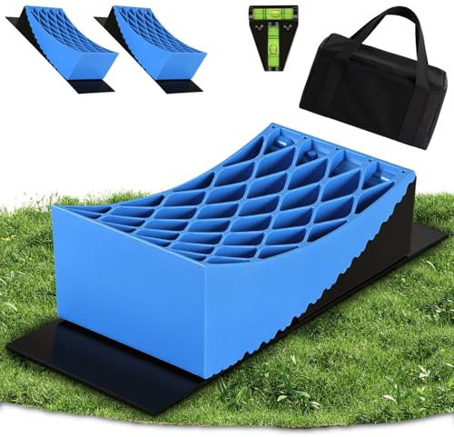 Cuñas para autocaravana de 13,5 t – 8 niveles de compensación de altura 2 – 10 cm. Doble sistema antideslizante de HDPE. Juego de 2 alfombrillas de goma y nivel de burbuja, también para eje doble