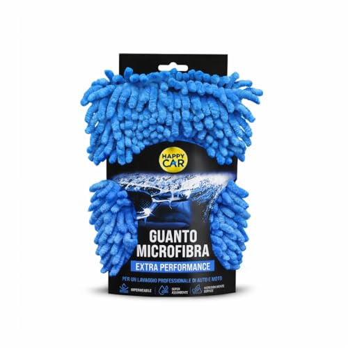HappyCar Guanto in Microfibra Extra Performance per Lavaggio e Pulizia Auto e Moto - Rimuove lo Sporco Senza Graffiare la Carrozzeria - Super Assorbente e Ultra Morbido e Impermeabile (Blu)