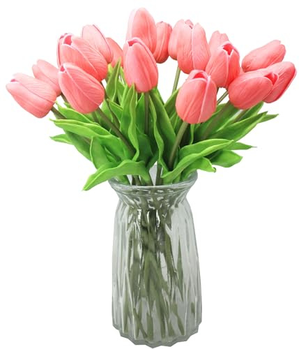 ALIERSA 10-Heads Artificial Flowers PU Mini Real Touch Tulip Bouquets for Home Wedding Party Centerpiece Decoration (Gradient Coral)