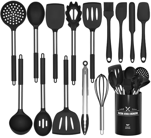 Umite Chef Küchenutensilien-Set, 15-teilig, Silikon, hitzebeständig, antihaftbeschichtet, BPA-frei, Edelstahl-Griff, Pfannenwender, Löffel, Zange, Schneebesen, Kochgeschirr