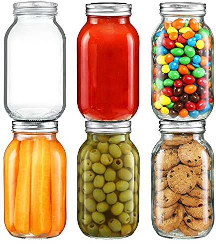 YEBODA 32 oz Mason Jars Canning Jars with Airtight Lids and Bands 6 Pack Ideal for Preserving, Meal Prep, Overnight Oats, Jam, Jelly, Jams, Spice, Sauces, Salads, Yogurt, Wedding Favors