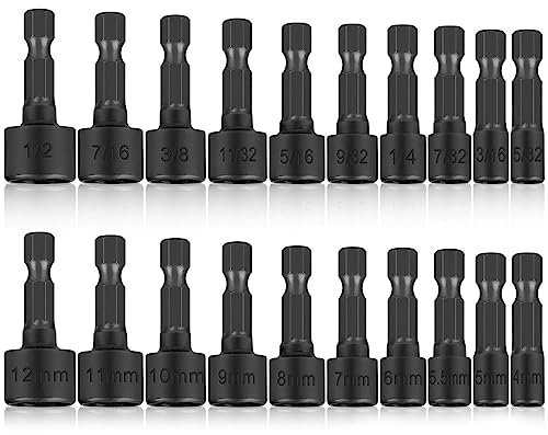 Hexagonal Drill Tool, 20pcs 4-12mm Hex Shank Magnetic Nut Setter Driver 1/4 Inch Hex Shank Quick Change Metric and Imperial Socket Nut Impact Driver Adapter Drill Bits for Any Hand Drill