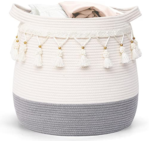 Lauatiiu Großer Korb aus Baumwollseil, gewebter Aufbewahrungskorb für Spielzeug, Wäsche und Decken-Organizer, runder Geschenkkorb mit Griffen für Kinderzimmer D45xH43CM (hellgrau)
