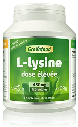 Greenfood L-lysine, 450 mg, dose élevée, 120 gélules, vegan - acide aminé. SANS additifs artificiels, sans organisme génétiquement modifié.