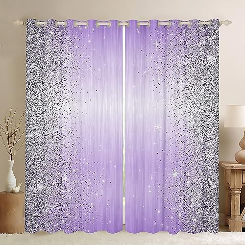 Manfei Glitter Blackout Curtains Sliver Grey Sequins Sparkling Window Treatments, Lilac Abstract Print(No Glitter) Window Drapes for Kids Girls, Grommet Top 2 Panel Set Bedroom Curtains, 46Wx54L inch