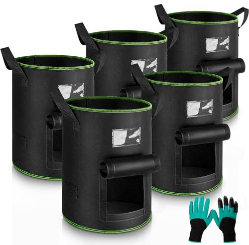Enbagold 5 Piezas Bolsas de Cultivo Patatas 40L y Guantes de Jardinería, Bolsas para Plantas Maceteros de Tela para Cultivo de Plantas, Bolsa de Plantación para Patatas, Tomateras