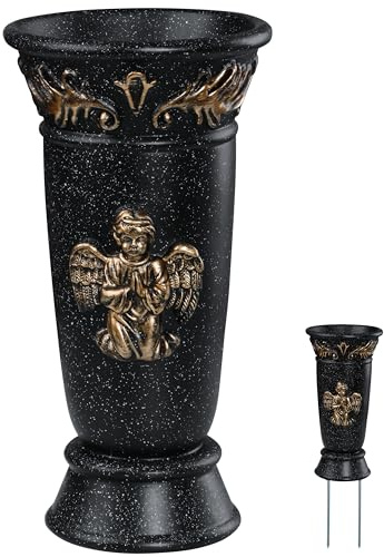 Cemetery Grave Vase, Resin Angel Memorial Vase Cemetery Flower Holder with Metal Spikes and Draining Hole for Cemetery Headstones Gravesites Memorial Grave Decorations (1, Black)