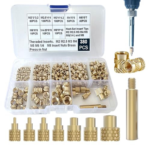 Juego de 380 insertos de rosca con M2, M2,5, M3, M4, M5, M6 (1/4), insertos de rosca de latón M8 para componentes de impresión 3D y piezas de plástico, tuercas métricas enrolladas de latón