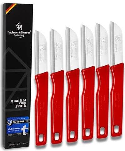 Solingen Küchenmesser-Set 6-teilig Gemüsemesser Edelstahlklinge 6 cm – Made in Germany – Schälmesser Obstmesser Blumenmesser Kartoffelschälmesser (Rot)