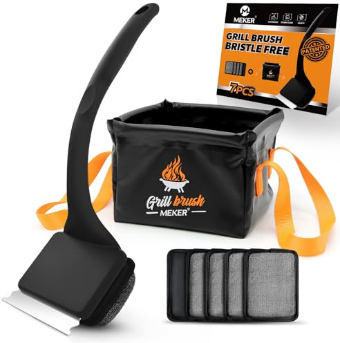 MEKER Grill Brush Bristle Free with Collapsible Bucket, 7 Pcs Grill Cleaner Brush with Durable Foldable Water Tank for Grill Cleaning, Portable Outdoor Grill Bucket, Dunk Tank, Black