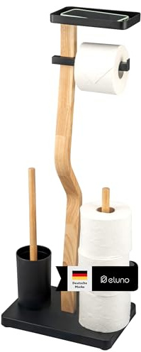 eluno Stand-WC-Garnitur 4in1, freistehende Toilettengarnitur inklusive WC-Bürste, 2 Ersatzbürstenköpfe, (Ersatz-) Rollenhalter für 3 Rollen und Ablage, aus FSC-zertifiziertem Holz und Metall (Schwarz)