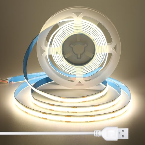 BERIXDEEP 1 Metri Striscia LED COB USB 5V, Striscia LED Bianco Naturale 8 mm larghezza, CRI 92, senza punti, Flessibile e Uniforme per Sottopensili da cucina, Specchi, Mensole, cavo 1.5m, 4000K
