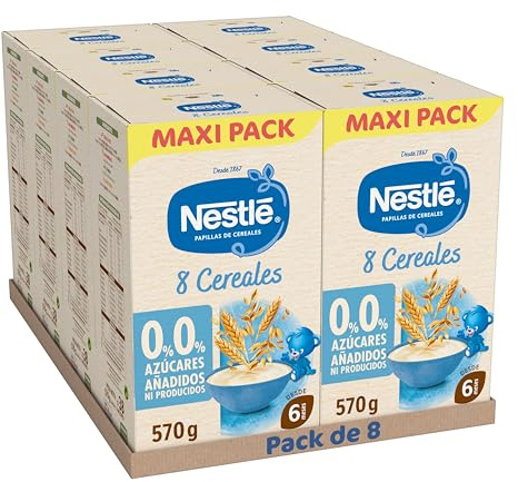 NESTLÉ 0%0% Papilla 8 Cereales 570g, sin azúcares añadidos ni producidos, a partir de 6 meses, pack de 8