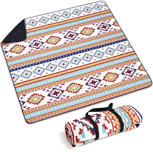 Siegvoll Picknickdecke 200x200cm XXL, wasserdichte sandfreie Stranddecke, 3-lagig gepolsterte isolierte Campingdecke, Strandmatte für Outdoor, Boho-Stil, waschbar faltbar