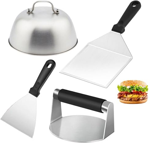 Pressa Hamburger, Spatola per Burger Set, 4 Pezzi, Burger Smasher Set, Pratico Kit Pressa per Hamburger, con Coperchio per Hamburger, Spatola in Acciaio Inox, per Pancetta, Grigliate