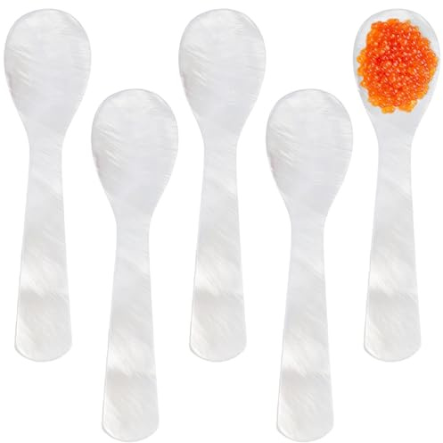 Kaviarskedar handgjorda 5 stycken, pärlemor mussla skedar med handhantverk runt handtag, klassisk kaviarsked, äggsked för glass, ägg, kaffe, salt, socker, kakor, restaurangservice (9 cm)