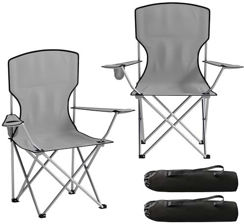 Outsunny Set di 2 Sedie da Campeggio con Schienale Alto, Portabicchieri e Borse di Trasporto, Sedie Pieghevoli Portatili in Metallo e Tessuto Oxford, per Esterni Picnic Spiaggia Giardino, Grigio