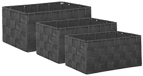 Brandsseller 3er Set Aufbewahrungsboxen - 22x15x11 cm, 21x13x9,5 cm, 19x11x8,5 cm – eckige Regalkörbe ohne Deckel – Rattanoptik, geflochten mit Metallrahmen – Anthrazit