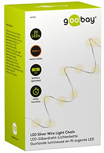 Goobay 66736 Guirlande lumineuse en fil argenté à 20 LED avec minuterie - décoration lumineuse agréable pour l’intérieur