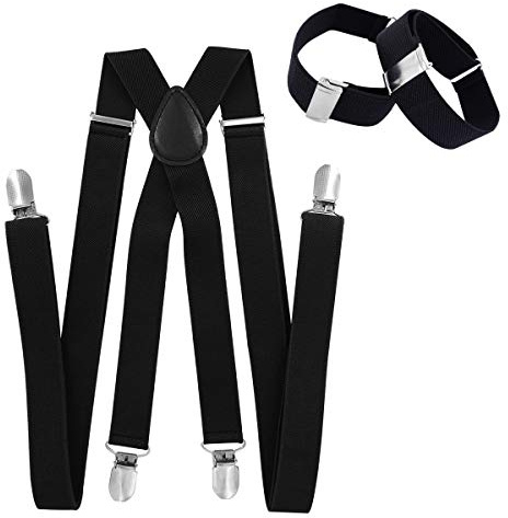 axy Herrhängslen med ärmhållare set 4 stabila klämmor X form bred 2,5 cm ärmhållare ärmband justerbar och elastisk, svart, En Storlek